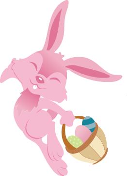 cartoon light pink easter bunny hopping with wicker easter basket filled with eggs