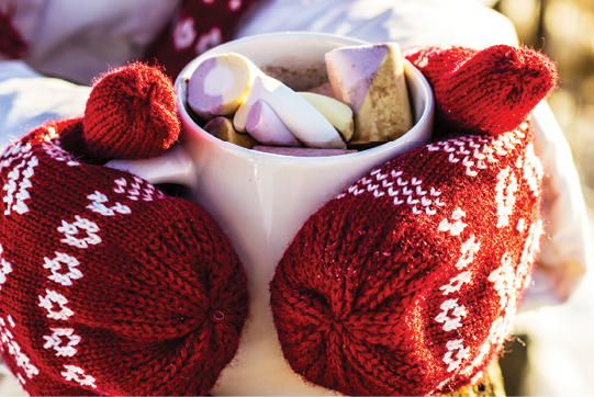 close up of hands wearing winter mittens holding cup of hot chocolate topped with roasted marshmallows