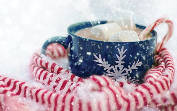 how cup of cocoa topped with marshmallows surrounded by peppermint candies