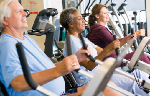 group of older adults in the gym using exercise machines