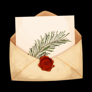 canva image of beige envelope with blank white paper, piece of pine, and a red stamp